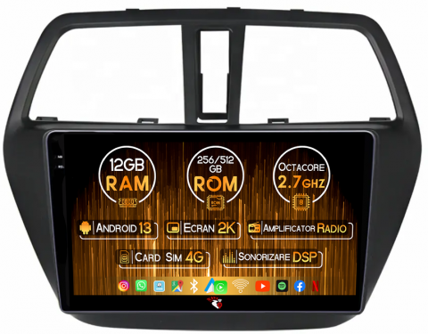 Suzuki - Navigatie dedicata Suzuki S-cross 2012-2016, 12GB RAM 256GB ROM, Android 13, Rezolutie 2K, Display QLED, 9", DSP, Carplay, Android Auto, Internet, Youtube, Waze, Wi Fi, USB
