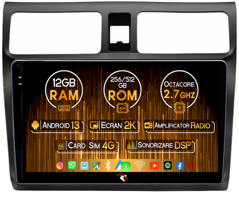 Suzuki - Navigatie dedicata Suzuki Swift 2005-2012, 12GB RAM 256GB ROM, Android 13, Rezolutie 2K, Display QLED, 10", DSP, Carplay, Android Auto, Internet, Youtube, Waze, Wi Fi, USB