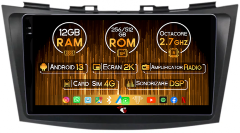 Suzuki - Navigatie dedicata Suzuki Swift 2011-2015, 12GB RAM 256GB ROM, Android 13, Rezolutie 2K, Display QLED, 9", DSP, Carplay, Android Auto, Internet, Youtube, Waze, Wi Fi, USB