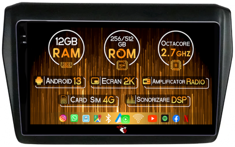 Suzuki - Navigatie dedicata Suzuki Swift 2017-2020, 12GB RAM 256GB ROM, Android 13, Rezolutie 2K, Display QLED, 9", DSP, Carplay, Android Auto, Internet, Youtube, Waze, Wi Fi, USB