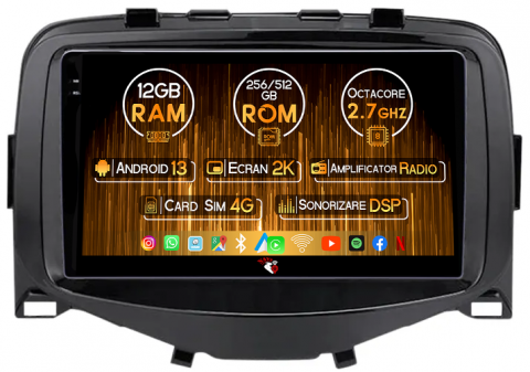 Toyota - Navigatie dedicata Toyota Aygo 2016, 12GB RAM 256GB ROM, Android 13, Rezolutie 2K, Display QLED, 9", DSP, Carplay, Android Auto, Internet, Youtube, Waze, Wi Fi, USB