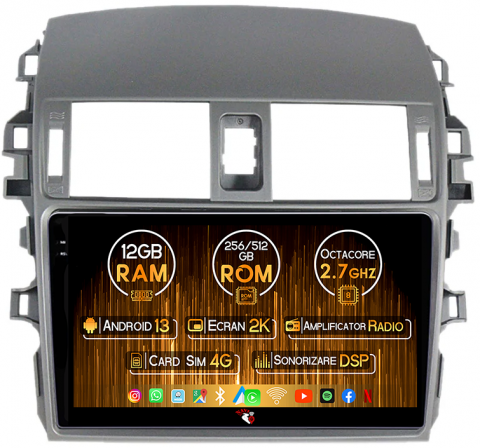 Corolla 2006-2013 - Navigatie dedicata Toyota Corolla 2006-2013, 12GB RAM 256GB ROM, Android 13, Rezolutie 2K, Display QLED, 9", DSP, Carplay, Android Auto, Internet, Youtube, Waze, Wi Fi, USB
