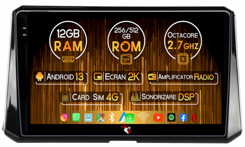 Toyota - Navigatie dedicata Toyota Corolla 2018-2020, 12GB RAM 256GB ROM, Android 13, Rezolutie 2K, Display QLED, 9", DSP, Carplay, Android Auto, Internet, Youtube, Waze, Wi Fi, USB