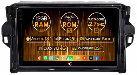 Fortuner 2015-2020 - Navigatie dedicata Toyota Fortuner 2015-2020, 12GB RAM 256GB ROM, Android 13, Rezolutie 2K, Display QLED, 9", DSP, Carplay, Android Auto, Internet, Youtube, Waze, Wi Fi, USB