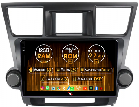 Toyota - Navigatie dedicata Toyota Highlander 2 (2007-2014), 12GB RAM 256GB ROM, Android 13, Rezolutie 2K, Display QLED, 10.1", DSP, Carplay, Android Auto, Internet, Youtube, Waze, Wi Fi,