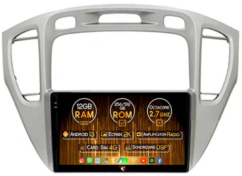 Toyota - Navigatie dedicata Toyota Highlander 2000-2007, 12GB RAM 256GB ROM, Android 13, Rezolutie 2K, Display QLED, 9", DSP, Carplay, Android Auto, Internet, Youtube, Waze, Wi Fi, USB