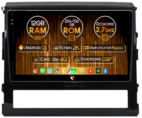 Toyota - Navigatie dedicata Toyota Land Cruiser 2016, 12GB RAM 256GB ROM, Android 13, Rezolutie 2K, Display QLED, 9", DSP, Carplay, Android Auto, Internet, Youtube, Waze, Wi Fi, USB