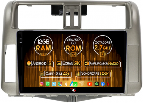 Prado 150 2009-2013 - Navigatie dedicata Toyota Prado 150 2009-2013, 12GB RAM 256GB ROM, Android 13, Rezolutie 2K, Display QLED, 9", DSP, Carplay, Android Auto, Internet, Youtube, Waze, Wi Fi, USB