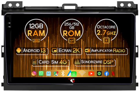 Toyota - Navigatie dedicata Toyota Prado 2004-2009, 12GB RAM 256GB ROM, Android 13, Rezolutie 2K, Display QLED, 9", DSP, Carplay, Android Auto, Internet, Youtube, Waze, Wi Fi, USB