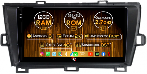 Toyota - Navigatie dedicata Toyota Prius 2009-2015, Black, 12GB RAM 256GB ROM, Android 13, Rezolutie 2K, Display QLED, 9", DSP, Carplay, Android Auto, Internet, Youtube, Waze, Wi Fi, USB