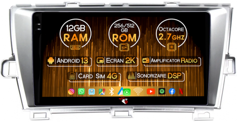 Toyota - Navigatie dedicata Toyota Prius 2009-2015 Silver, 12GB RAM 256GB ROM, Android 13, Rezolutie 2K, Display QLED, 9", DSP, Carplay, Android Auto, Internet, Youtube, Waze, Wi Fi, USB