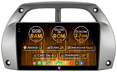 RAV4 2001-2006 - Navigatie dedicata Toyota RAV4 2001-2006, 12GB RAM 256GB ROM, Android 13, Rezolutie 2K, Display QLED, 9", DSP, Carplay, Android Auto, Internet, Youtube, Waze, Wi Fi, USB