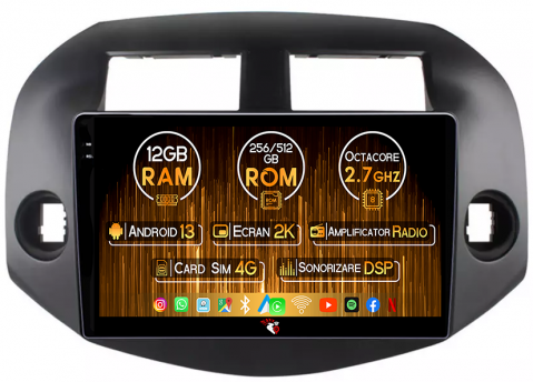 Toyota - Navigatie dedicata Toyota RAV4 (2006-2012), 12GB RAM 256GB ROM, Android 13, Rezolutie 2K, Display QLED, 10.1", DSP, Carplay, Android Auto, Internet, Youtube, Waze, Wi Fi, USB