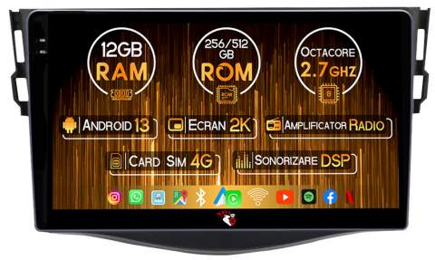 Toyota - Navigatie dedicata Toyota Rav4 2006-2012, 12GB RAM 256GB ROM, Android 13, Rezolutie 2K, Display QLED, 9", DSP, Carplay, Android Auto, Internet, Youtube, Waze, Wi Fi, USB