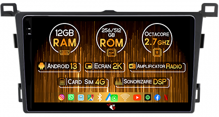 RAV4 2013-2018 - Navigatie dedicata Toyota RAV4 2013-2018, 12GB RAM 256GB ROM, Android 13, Rezolutie 2K, Display QLED, 9", DSP, Carplay, Android Auto, Internet, Youtube, Waze, Wi Fi, USB