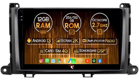 Sienna 2009-2014 - Navigatie dedicata Toyota Sienna 2009-2014, 12GB RAM 256GB ROM, Android 13, Rezolutie 2K, Display QLED, 9", DSP, Carplay, Android Auto, Internet, Youtube, Waze, Wi Fi, USB