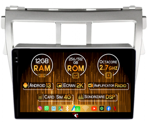 Toyota - Navigatie dedicata Toyota Vios 2007-2012 , 12GB RAM 256GB ROM, Android 13, Rezolutie 2K, Display QLED, 9", DSP, Carplay, Android Auto, Internet, Youtube, Waze, Wi Fi, USB