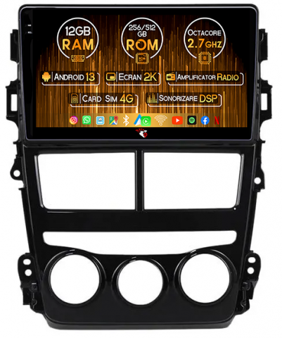 Vios 2018-2019 - Navigatie dedicata Toyota Vios 2018-2019, 12GB RAM 256GB ROM, Android 13, Rezolutie 2K, Display QLED, 9", DSP, Carplay, Android Auto, Internet, Youtube, Waze, Wi Fi, USB