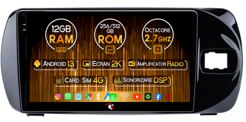 Toyota - Navigatie dedicata Toyota Vitz 2016-2020, 12GB RAM 256GB ROM, Android 13, Rezolutie 2K, Display QLED, 9", DSP, Carplay, Android Auto, Internet, Youtube, Waze, Wi Fi, USB