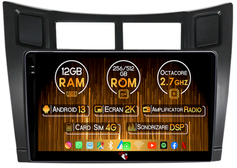 Toyota - Navigatie dedicata Toyota Yaris 2005-2012, 12GB RAM 256GB ROM, Android 13, Rezolutie 2K, Display QLED, 9", DSP, Carplay, Android Auto, Internet, Youtube, Waze, Wi Fi, USB