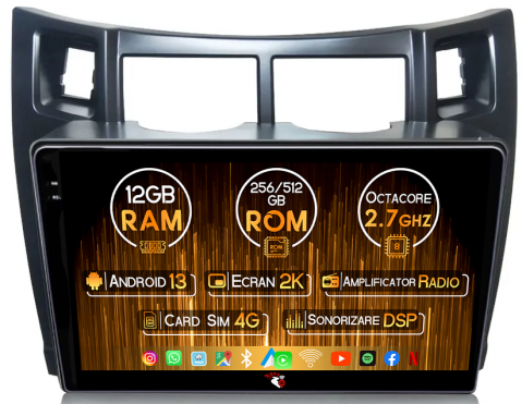 Toyota - Navigatie dedicata Toyota Yaris (2008-2011), 12GB RAM 256GB ROM, Android 13, Rezolutie 2K, Display QLED, 9", DSP, Carplay, Android Auto, Internet, Youtube, Waze, Wi Fi, USB