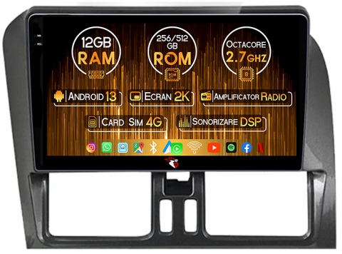 XC60 - Navigatie dedicata Volvo XC60 2008-2014, 12GB RAM 256GB ROM, Android 13, Rezolutie 2K, Display QLED, 9", DSP, Carplay, Android Auto, Internet, Youtube, Waze, Wi Fi, USB