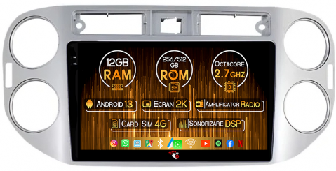 Volkswagen - Navigatie dedicata Volkswagen Tiguan 2007-2016, Golf 5/6+, Silver, 12GB RAM 512GB ROM, Android 14, Rezolutie 2K, Display QLED, 9", DSP, Carplay, Android Auto, Interne
