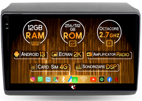 Citroen - Navigatie dedicata Ducato 2020, 12GB RAM 256GB ROM, Android 13, Rezolutie 2K, Display QLED, 9", DSP, Carplay, Android Auto, Internet, Youtube, Waze, Wi Fi, USB