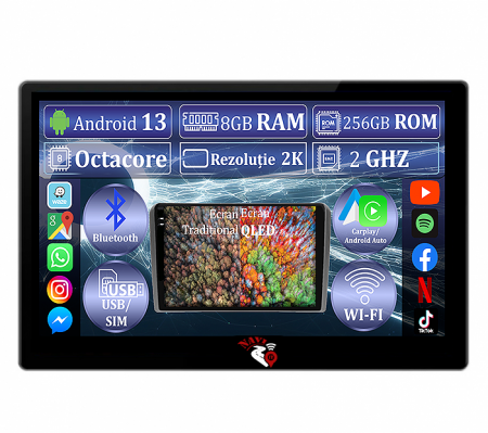 Juke 2010-2014 - Navigatie GPS NAVI-IT universala, 8 GB RAM 256 ROM, Android 13, Display 2K, QLED, 13", DSP, Carplay, Android Auto, Internet, Youtube, Waze, WI-FI, USB, suport camere 360