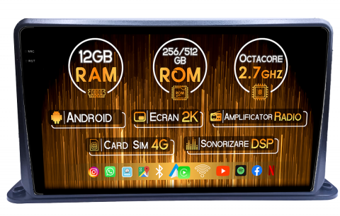 Navigatii Universale - Navigatie Universala cu instalare pe bord, 12GB RAM 256/512GB ROM, Android 13, Rezolutie 2K, Display QLED 9", DSP, Carplay&Android Auto, SIM 4G, Ventilator Activ, Suport Camere 360