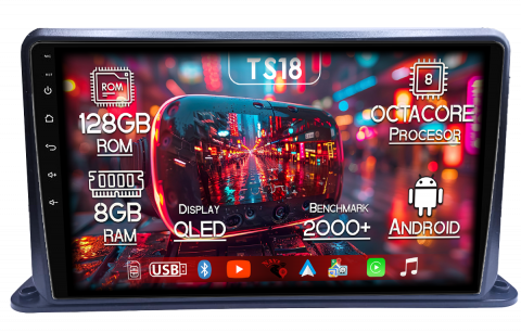 Navigatii Universale - Navigatie Universala cu instalare pe bord, 8GB RAM 128GB ROM, Octacore, Platforma TS18, Android 14, Display QLED 9”, Suporta camera 360º, DSP, Carplay&Android Auto, SIM 4G, Ventilator Activ