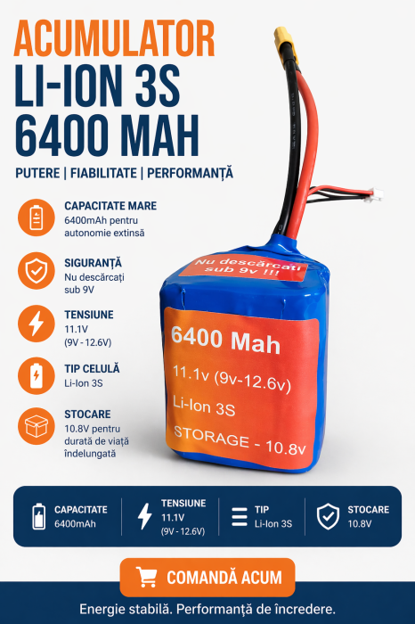 Acumulator Li-Ion 3S 6400mAh 11.1V XT60 pentru navomodele si echipamente electrice [2]
