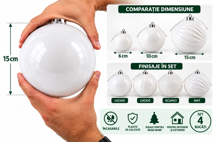 Set 4 Globuri Mari Albe pentru Brad de Crăciun 15 cm – 4 Modele Diferite, Incasabile [3]