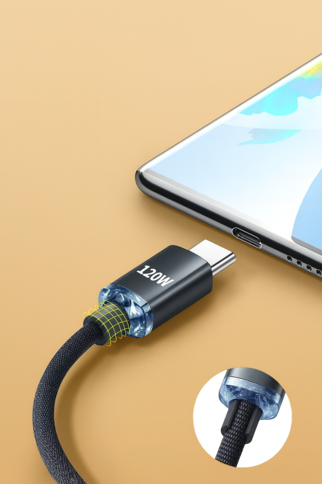 Cablu de date Crystal 6APD dual Type-C 120W încărcare rapidă compatibil Huawei Apple Samsung laptop telefon USB-C nylon împletit rezistent [5]