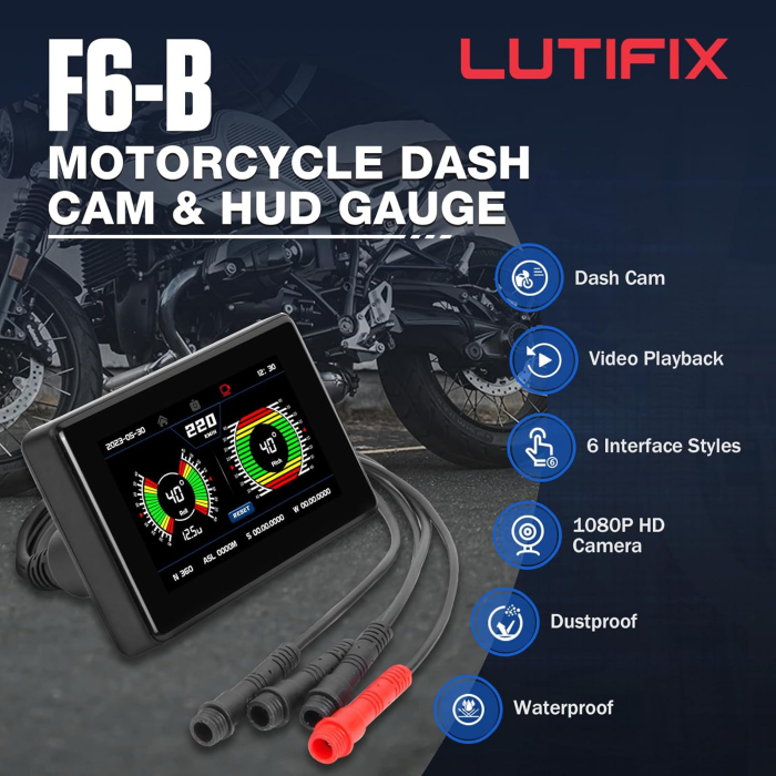 Cameră Moto Duală Față Spate Full HD 1080P LUTIFIX F6B Waterproof IP67 cu GPS și Monitorizare Presiune Anvelope Card 32GB Inclus [2]