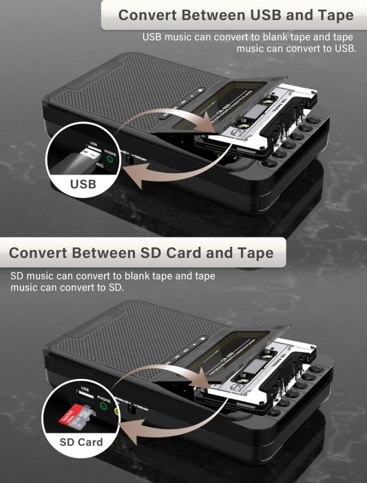 Convertor Casetă Audio în MP3 și Casetofon Portabil USB-C cu USB și Card TF [6]