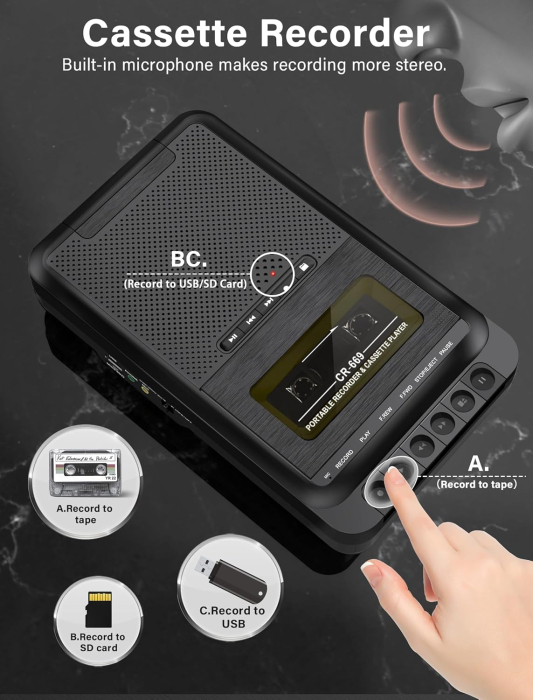 Convertor Casetă Audio în MP3 și Casetofon Portabil USB-C cu USB și Card TF [2]