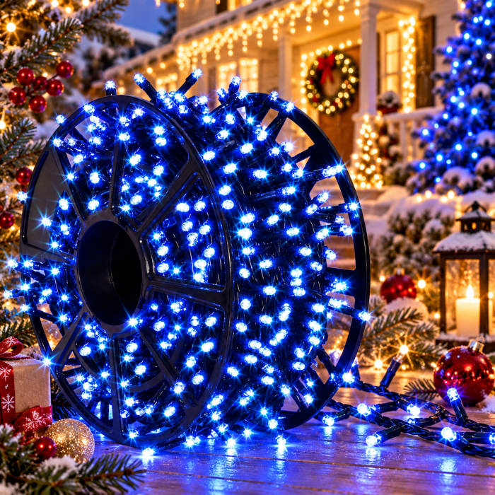Instalație Crăciun pe Rolă 100m, 1000 LED-uri Albastre, Flash, Interior Exterior [2]