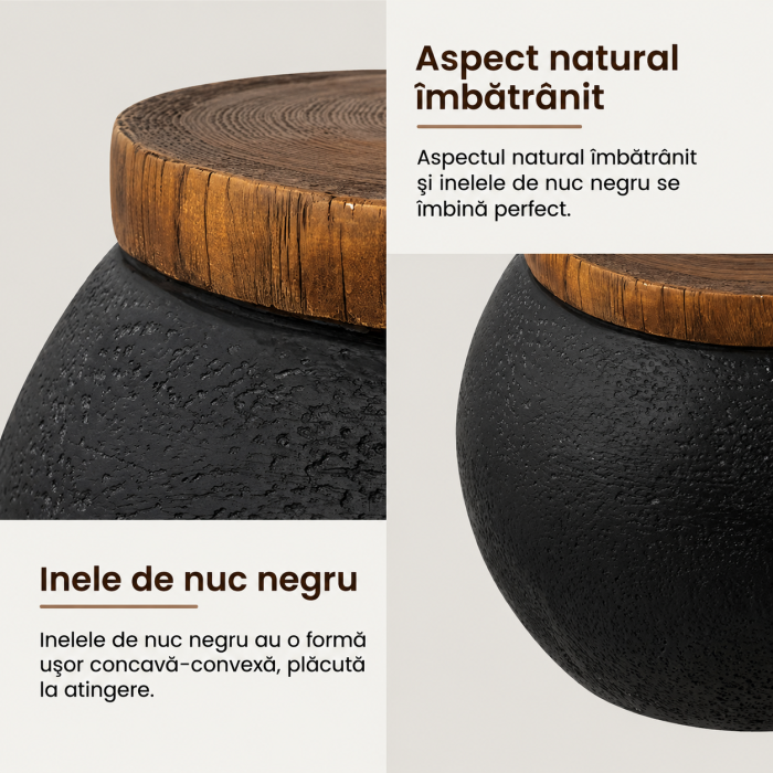 Masă Laterală Rotundă HOMPUS Tip Tambur Negru cu Aspect Lemn pentru Living și Terasă [2]