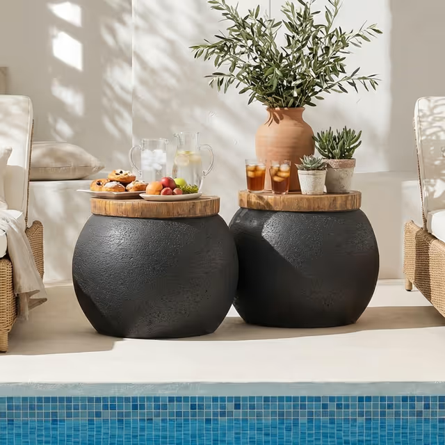 Masă Laterală Rotundă HOMPUS Tip Tambur Negru cu Aspect Lemn pentru Living și Terasă [5]