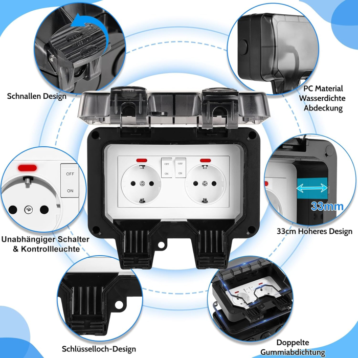 Priză Dublă Exterior  IP66 cu Întrerupătoare și Protecție Copii – 16A, Negru [4]