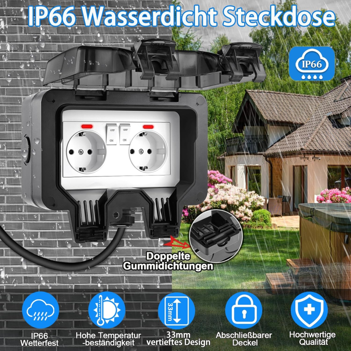 Priză Dublă Exterior  IP66 cu Întrerupătoare și Protecție Copii – 16A, Negru [6]