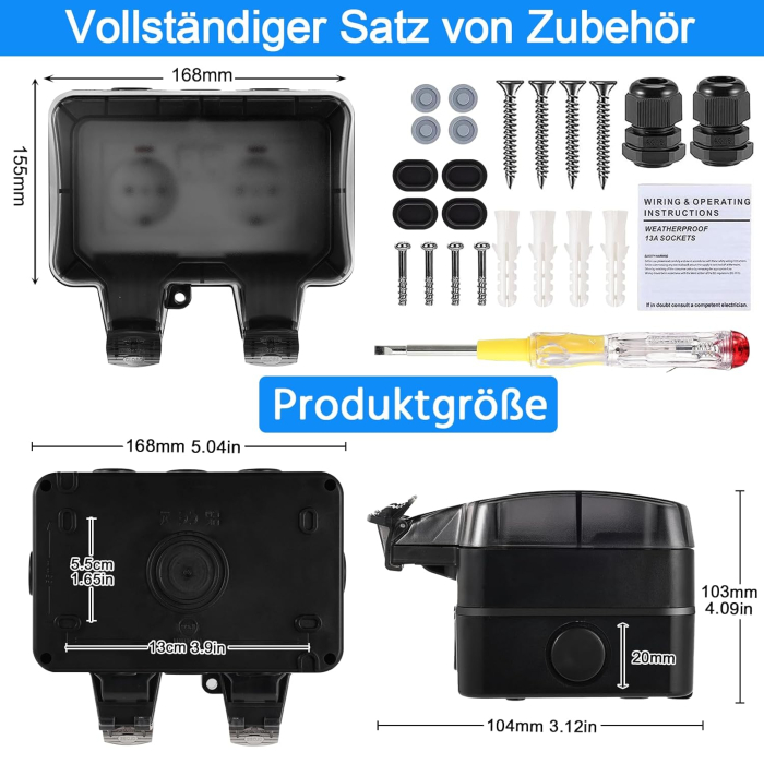 Priză Dublă Exterior  IP66 cu Întrerupătoare și Protecție Copii – 16A, Negru [2]