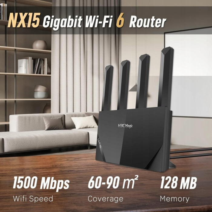 Router WiFi dual band 2,4 / 5 GHz, 4 antene externe, acoperire 60-90 m², standard WiFi 6, porturi Gigabit, ideal pentru apartamente. [4]