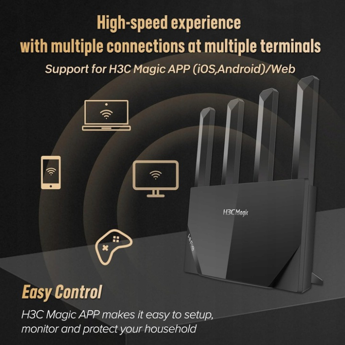 Router WiFi dual band 2,4 / 5 GHz, 4 antene externe, acoperire 60-90 m², standard WiFi 6, porturi Gigabit, ideal pentru apartamente. [5]