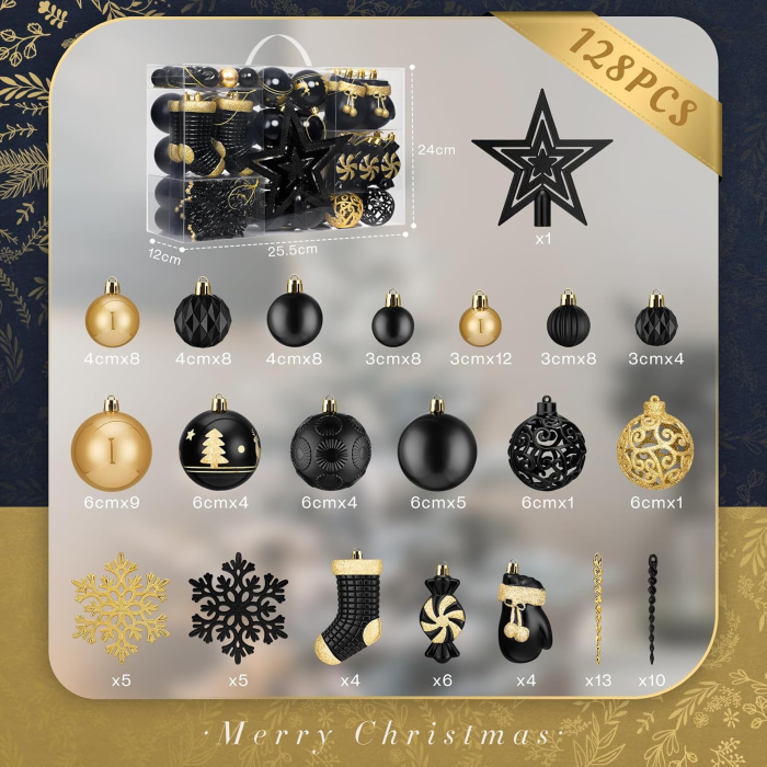 Set 128 Globuri și Decorațiuni pentru Brad de Crăciun Negru-Auriu, cu Stea pentru Vârf, Incasabile [4]