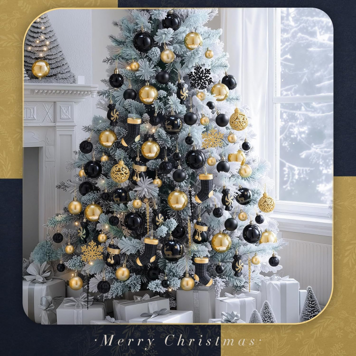 Set 128 Globuri și Decorațiuni pentru Brad de Crăciun Negru-Auriu, cu Stea pentru Vârf, Incasabile [2]