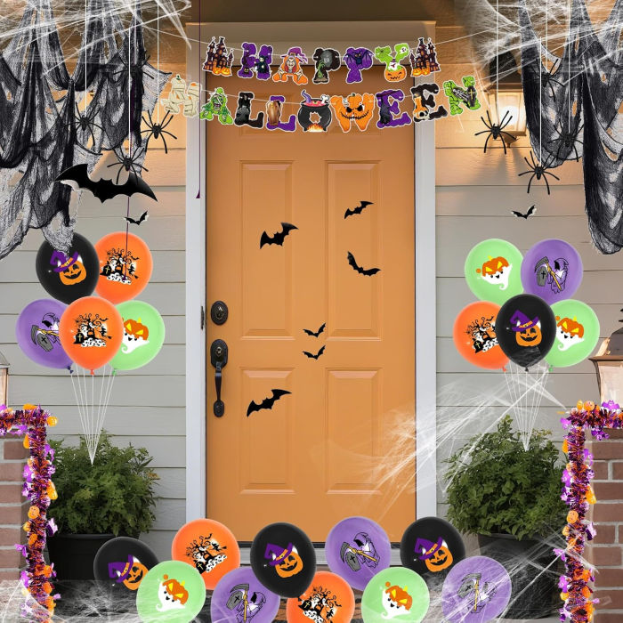 Set Complet Decorațiuni Halloween cu Baloane, Pânză de Păianjen, Lilieci 3D și Banner Happy Halloween [6]