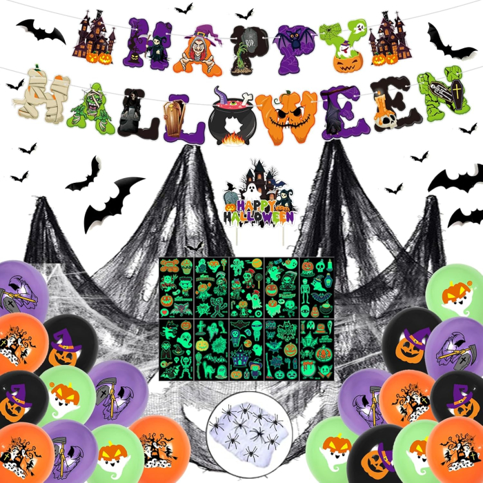 Set Complet Decorațiuni Halloween cu Baloane, Pânză de Păianjen, Lilieci 3D și Banner Happy Halloween [2]