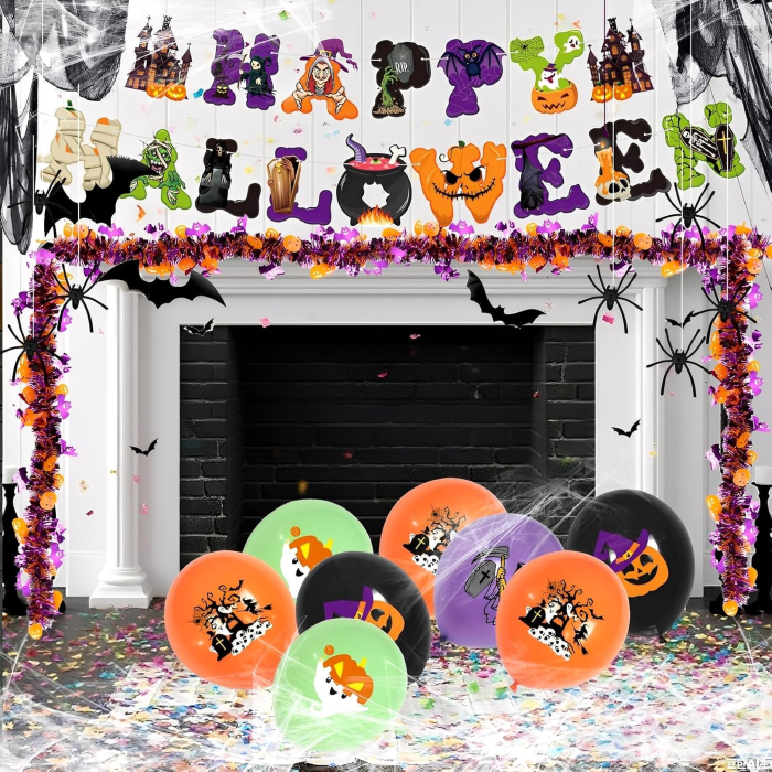 Set Complet Decorațiuni Halloween cu Baloane, Pânză de Păianjen, Lilieci 3D și Banner Happy Halloween [3]